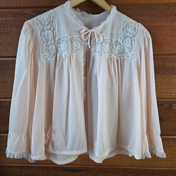 Wonder Maid Vintage 50s Peach Embroidered Lace Ruffle Bed Jacket Coquette Boho - Picture 1 of 12